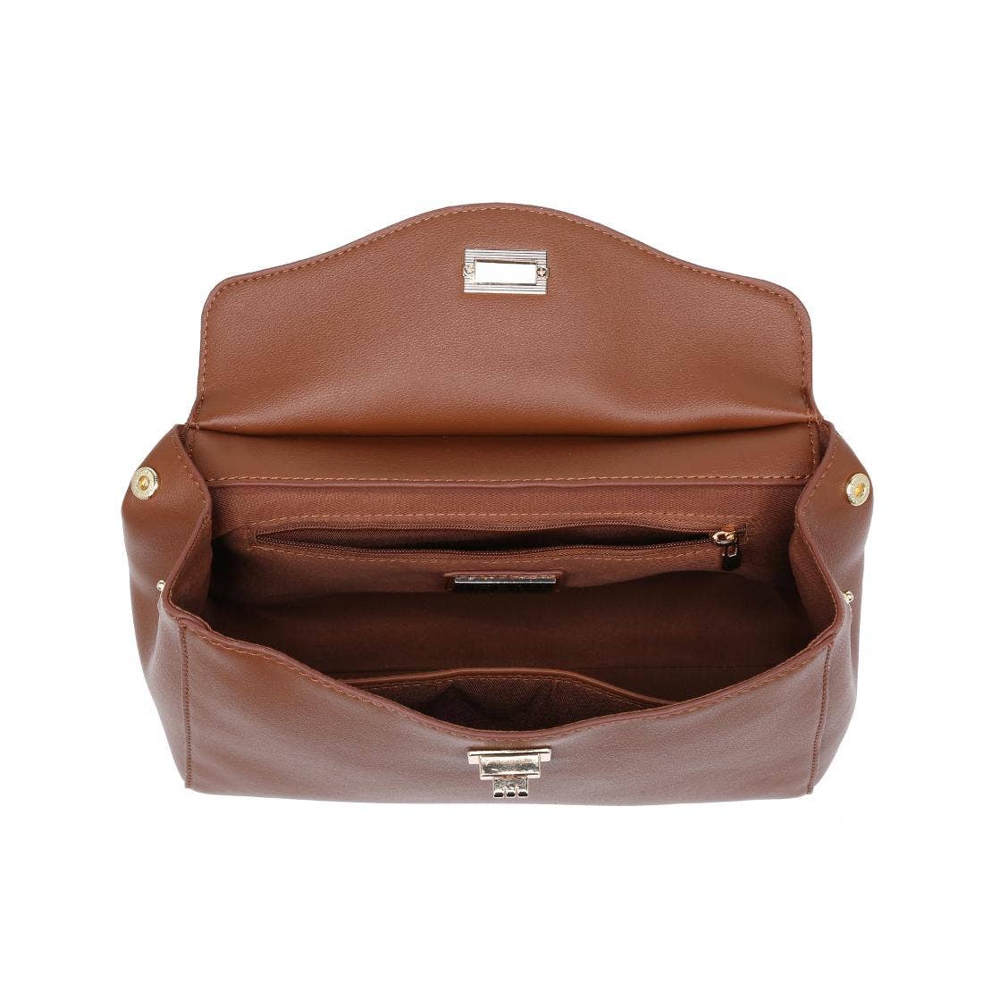Inside view of brown vegan leather handbag with gold hardware on a white background