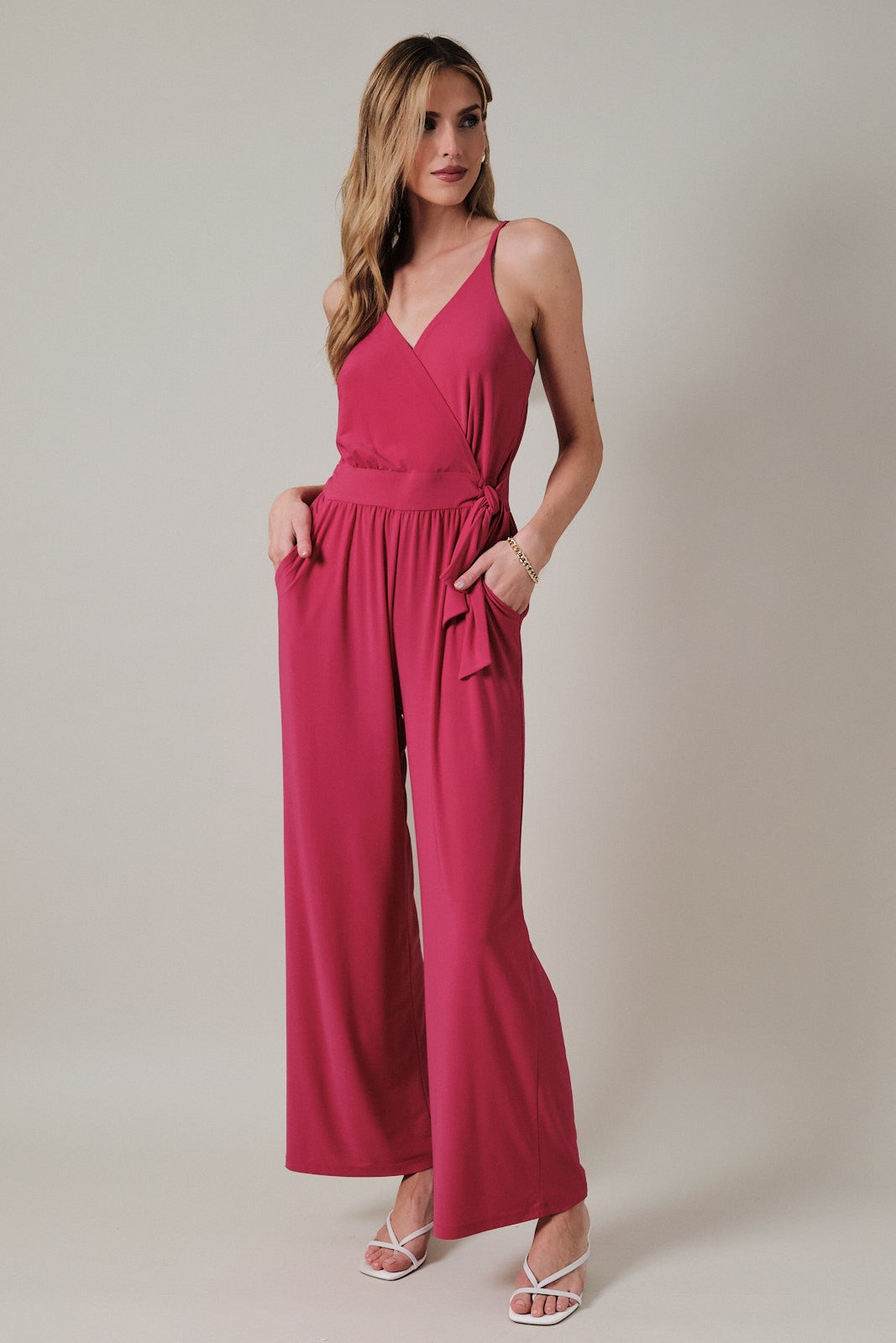 Surplice Spaghetti Strap Jumpsuit-Fuchsia Flowy | Women's Jumpsuits