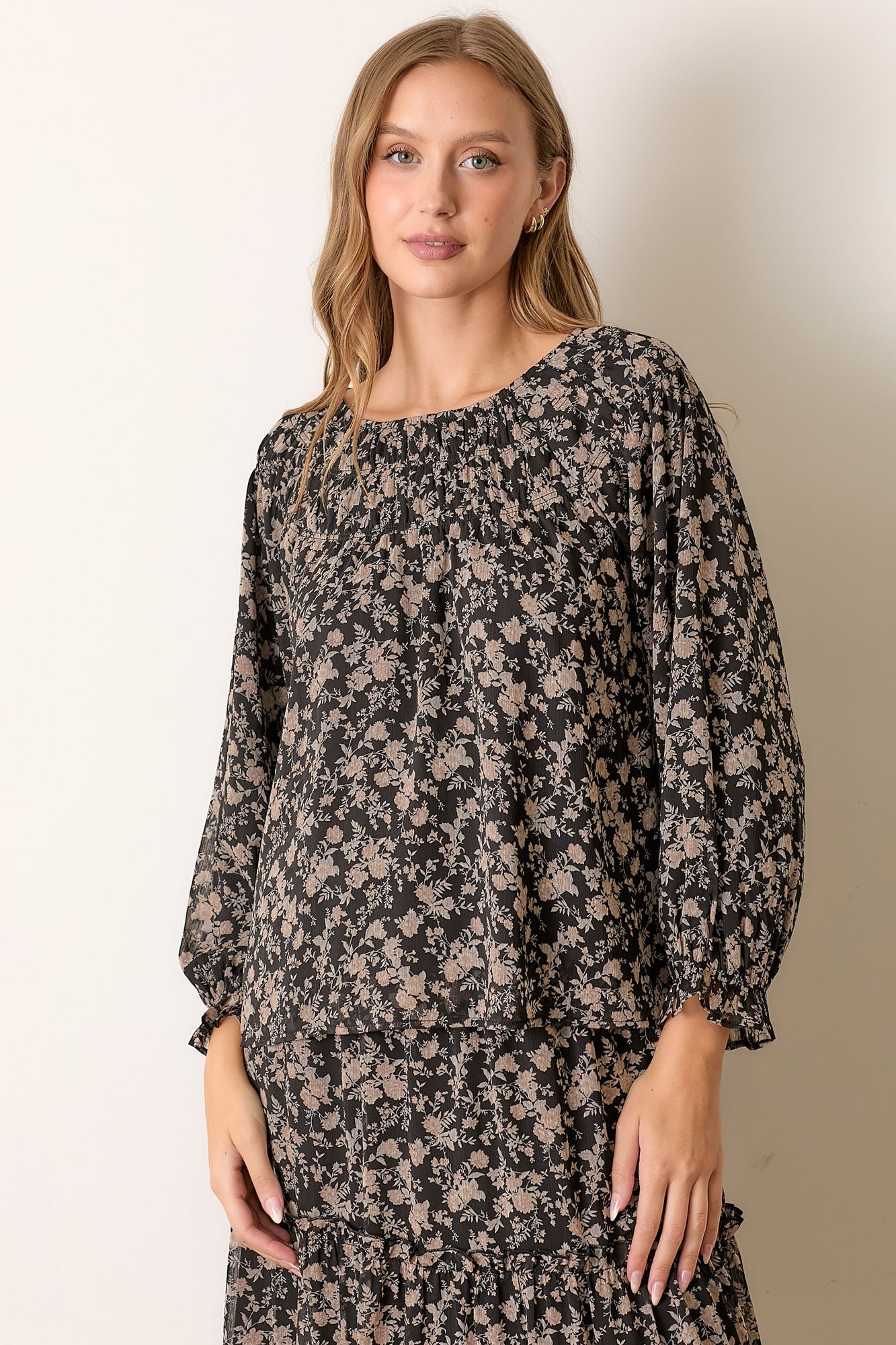 Floral Print Long Sleeve Blouse-Black Multi