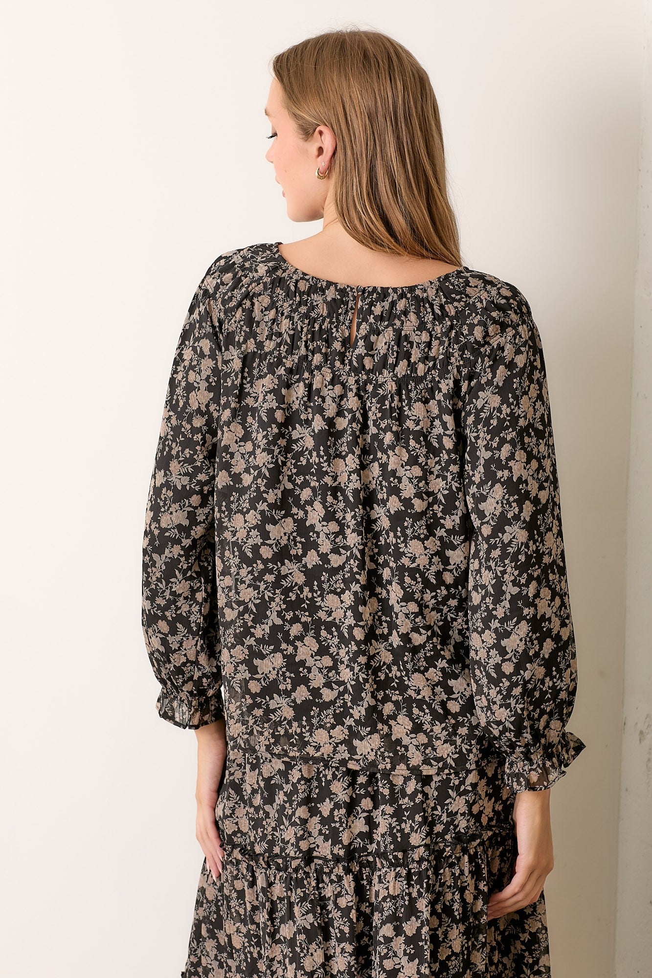 Floral Print Long Sleeve Blouse-Black Multi