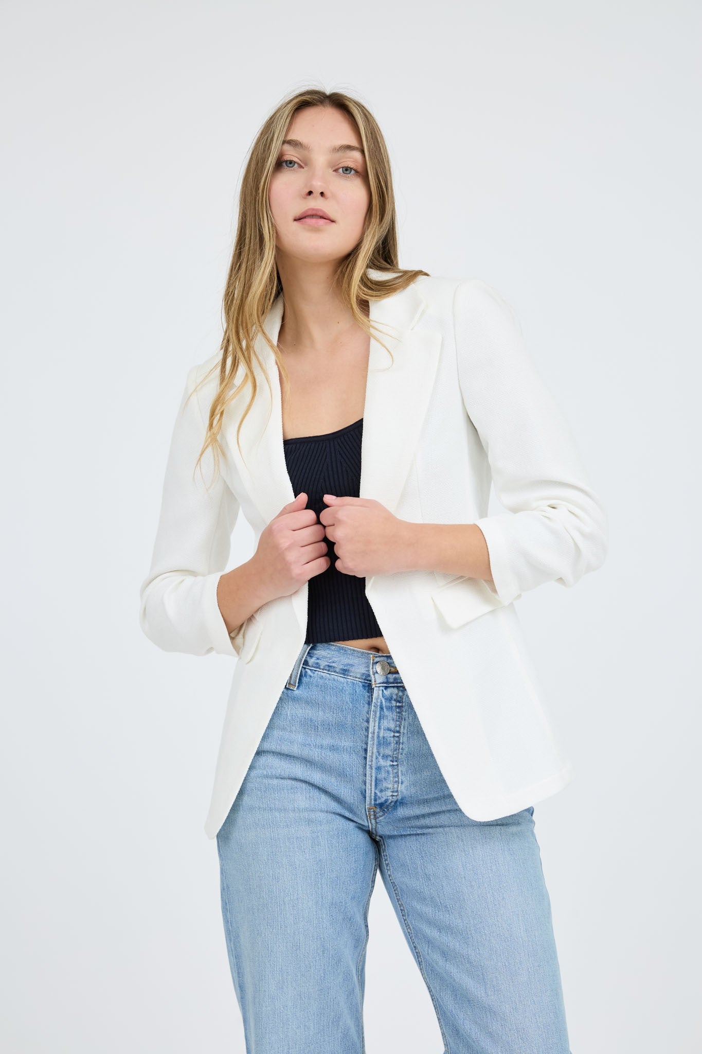 Notch Collar Ruched Sleeve Blazer-White