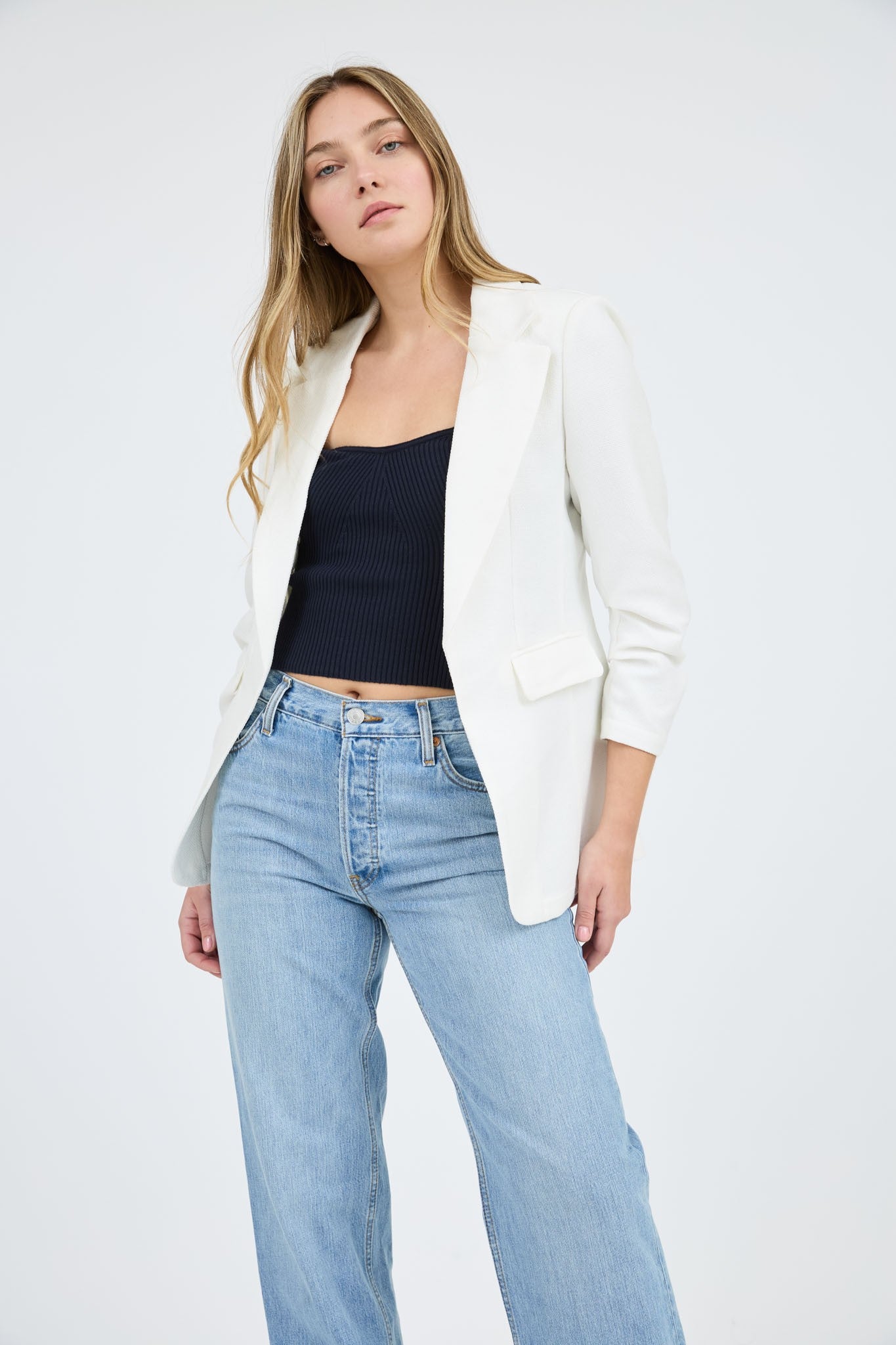 Notch Collar Ruched Sleeve Blazer-White