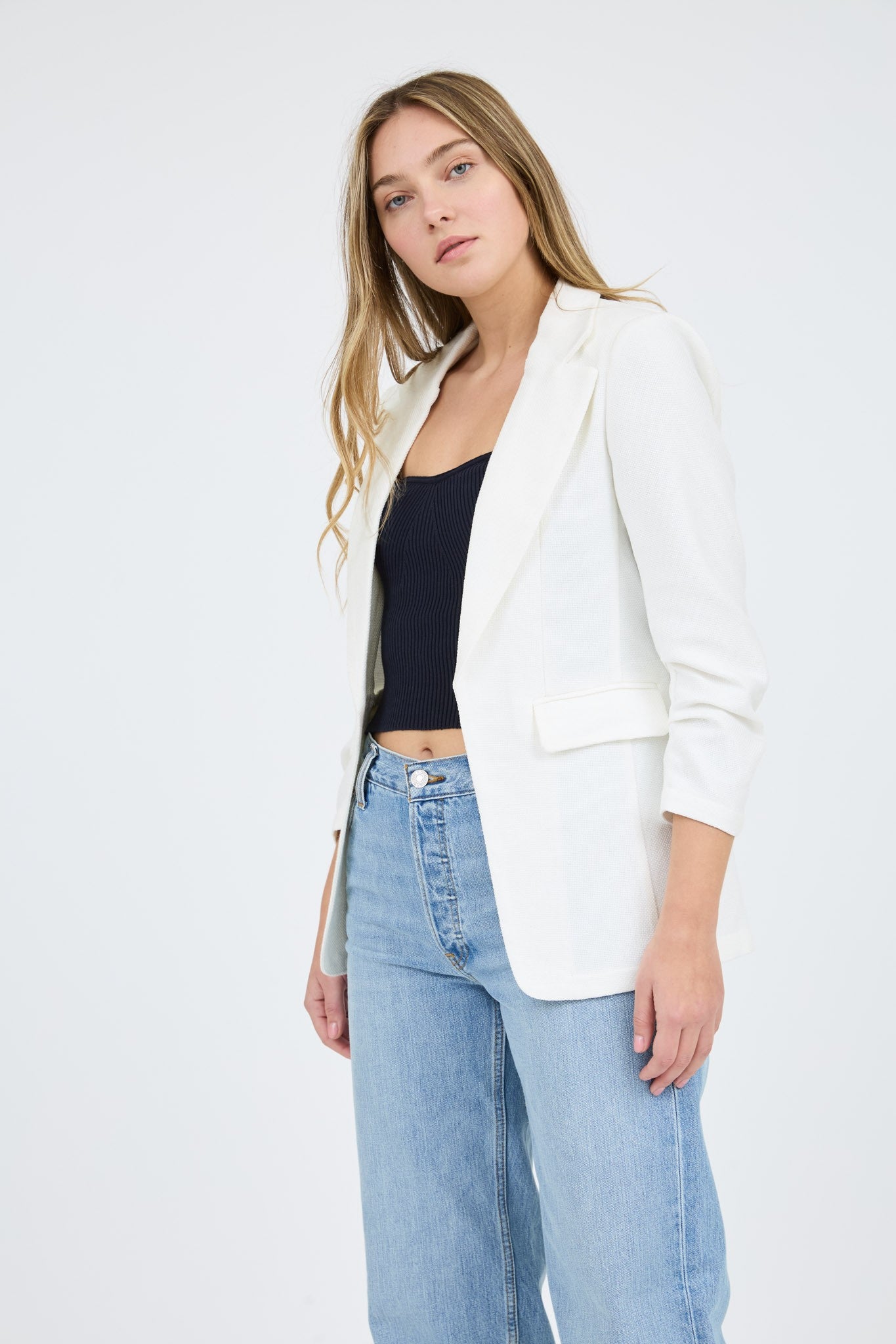 Notch Collar Ruched Sleeve Blazer-White