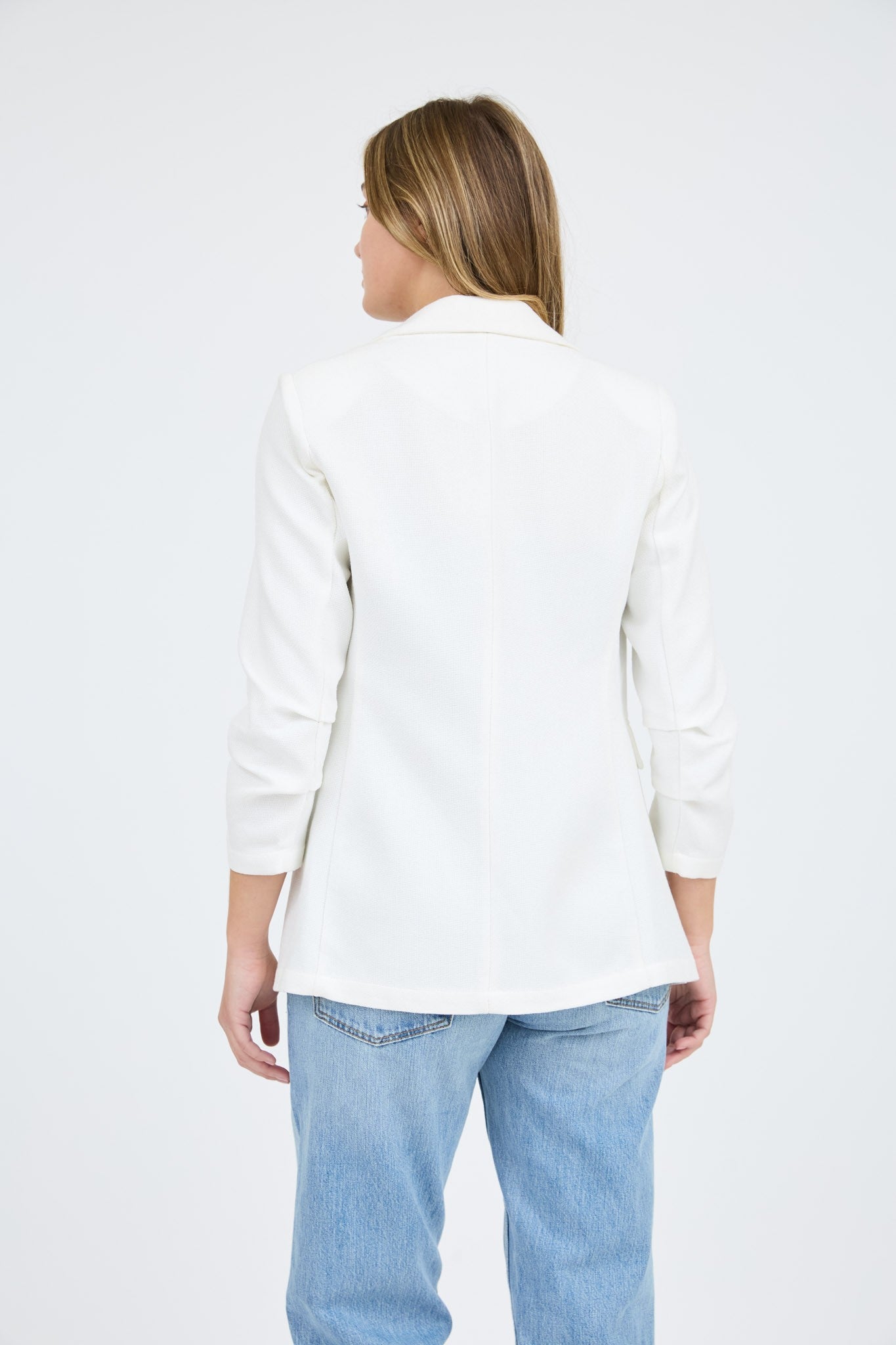 Notch Collar Ruched Sleeve Blazer-White
