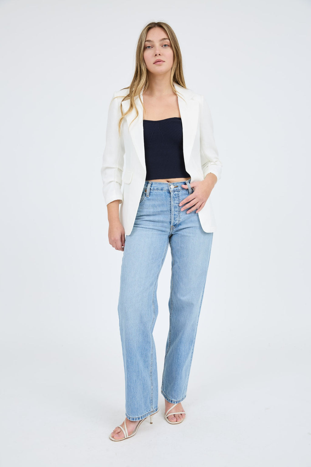 Notch Collar Ruched Sleeve Blazer-White