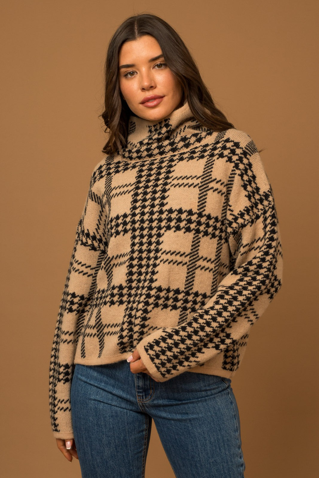 Turtle Neck Hound Tooth Sweater-Tan Black