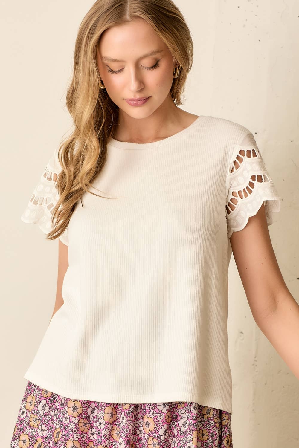 Eyelet Short Sleeve Ribbed Top-Ivory