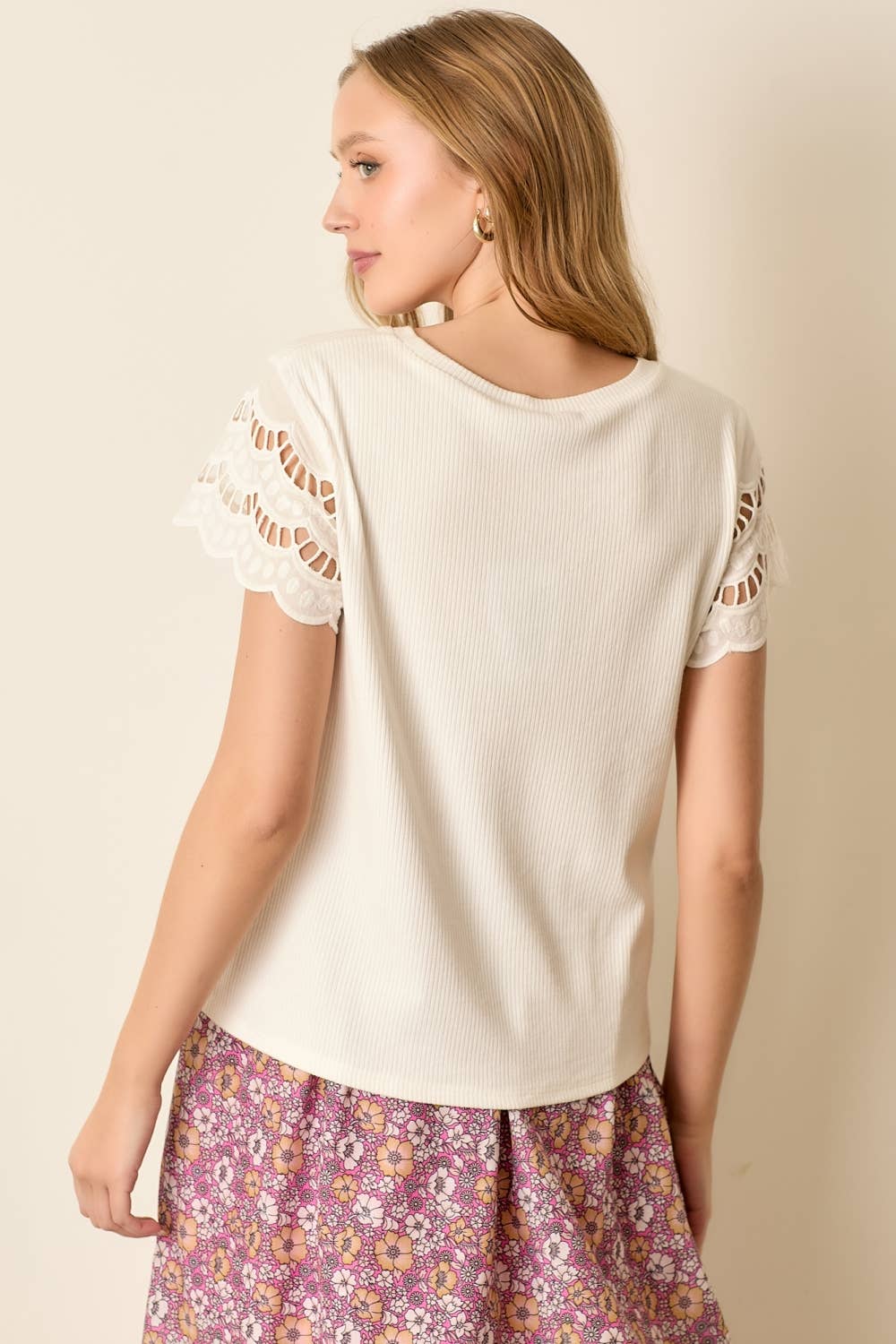 Eyelet Short Sleeve Ribbed Top-Ivory