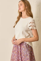Eyelet Short Sleeve Ribbed Top-Ivory