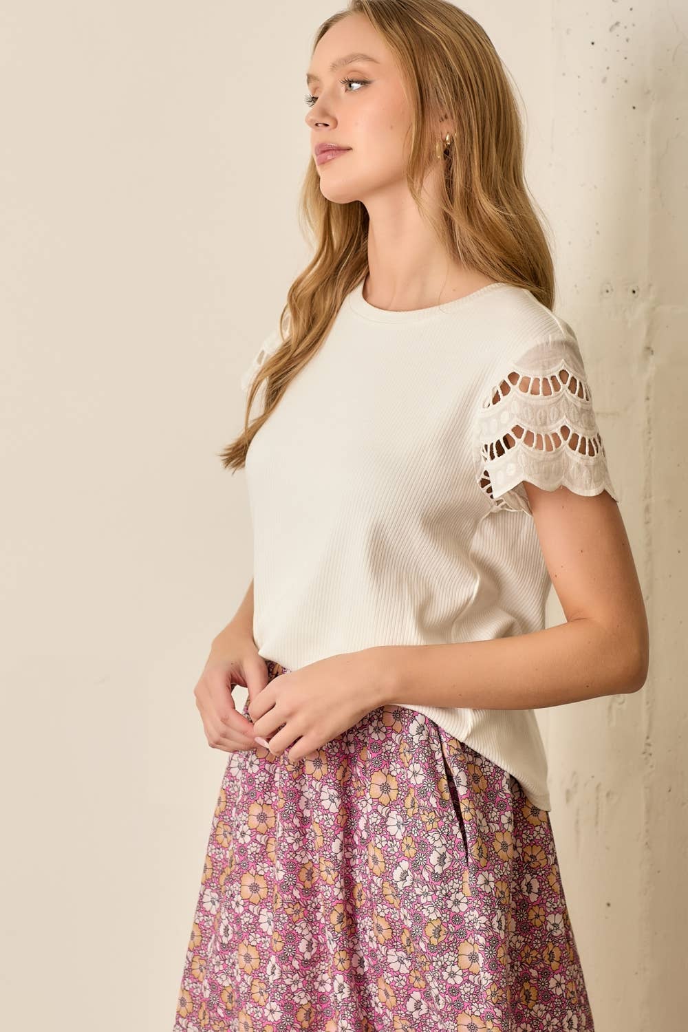 Eyelet Short Sleeve Ribbed Top-Ivory