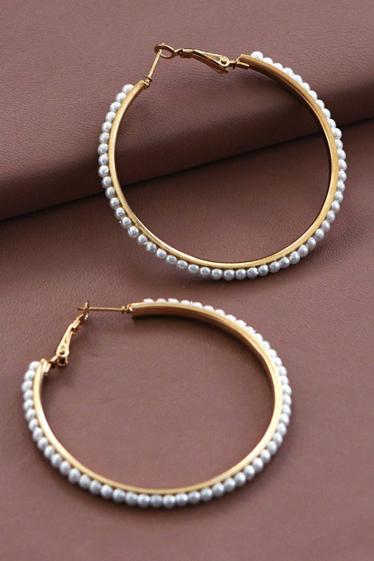 Pearl Beaded Hoop Earrings-Gold