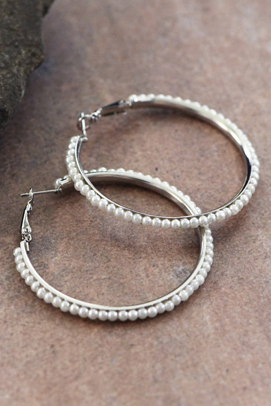 Pearl Beaded Hoop Earrings-Silver