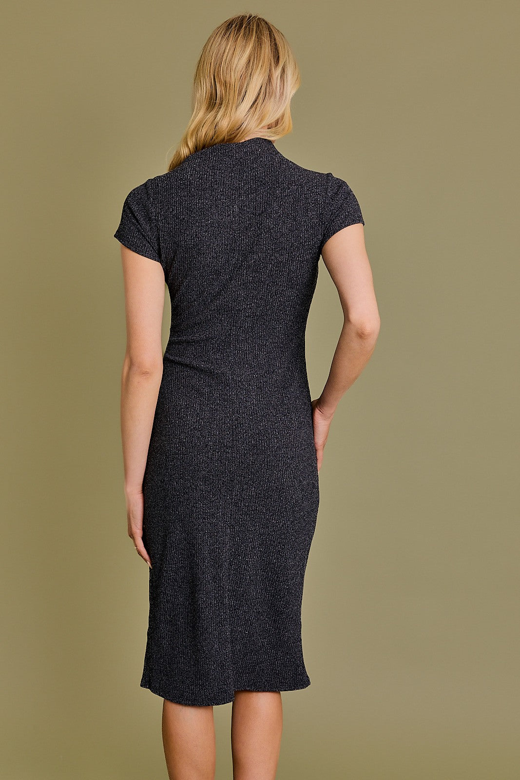 Cowl Tunic Neck Short Sleeve Dress-Charcoal