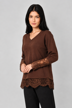 Love Lace Accent Ribbed Top-Brown Knit