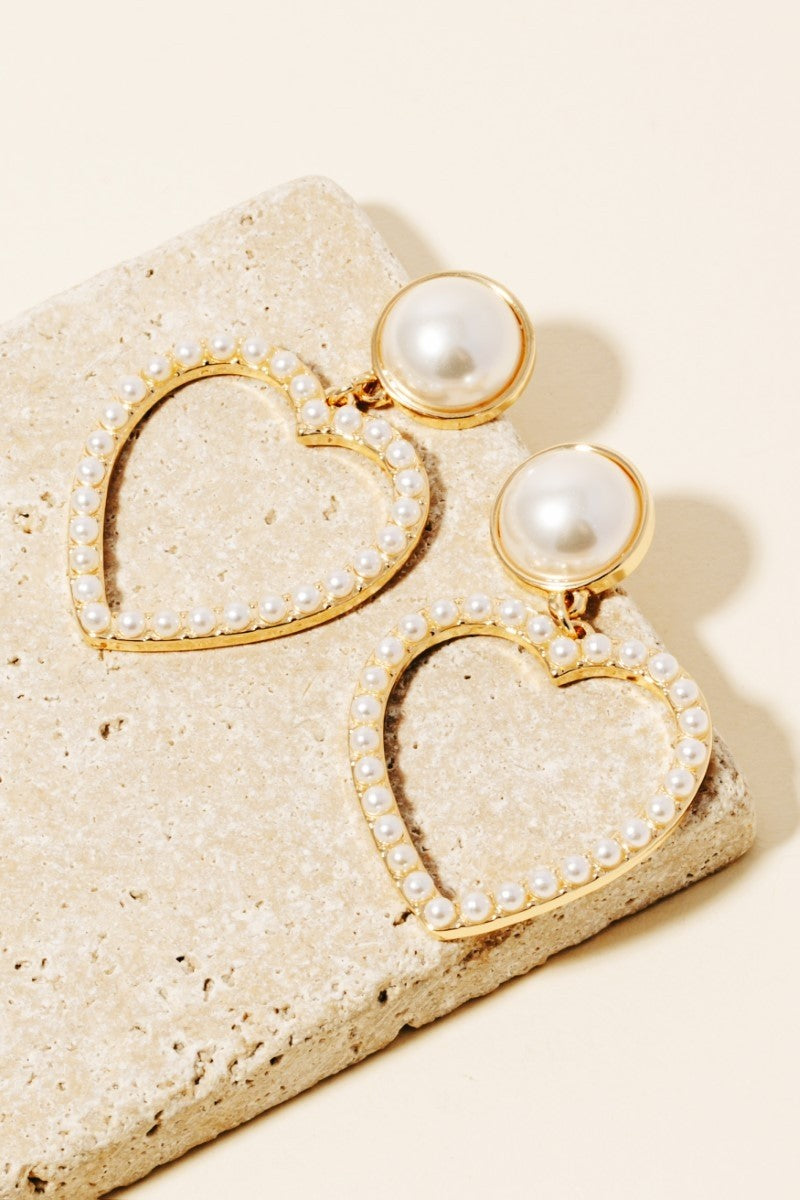 Pearl Pave Heart Dangle Earrings