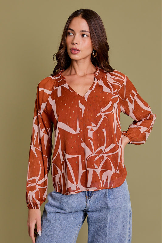 V-Neck Ruffle Detail Long Sleeve Blouse-Rust Taupe Abstract