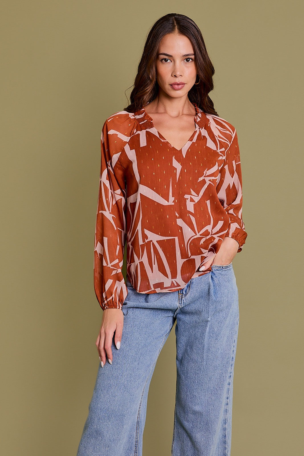 V-Neck Ruffle Detail Long Sleeve Blouse-Rust Taupe Abstract