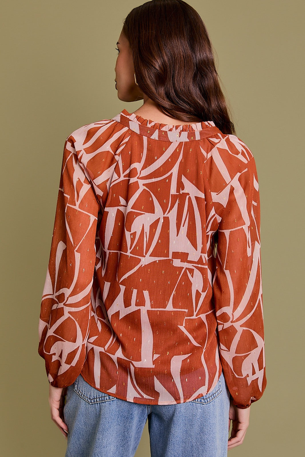 V-Neck Ruffle Detail Long Sleeve Blouse-Rust Taupe Abstract