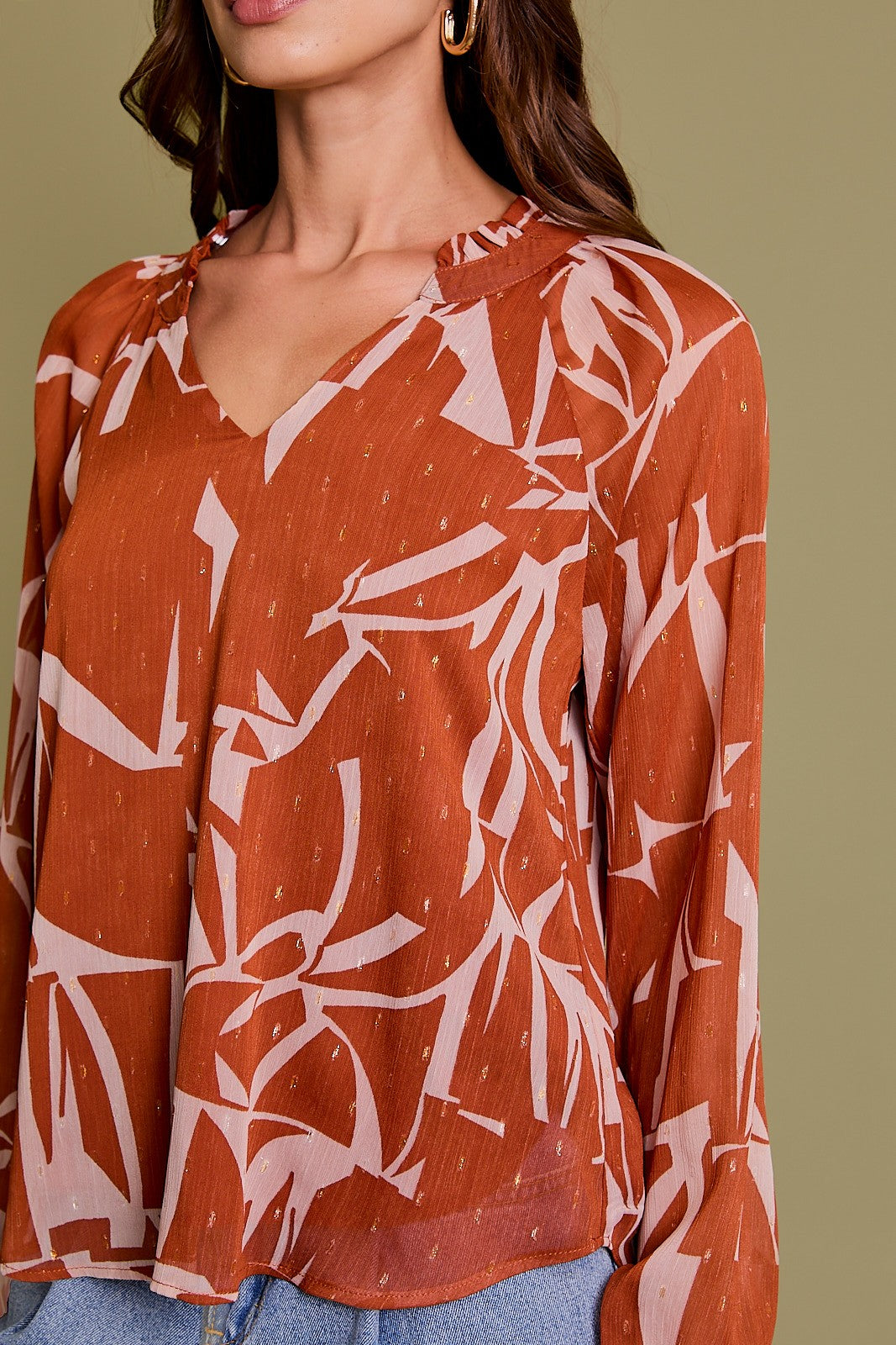 V-Neck Ruffle Detail Long Sleeve Blouse-Rust Taupe Abstract