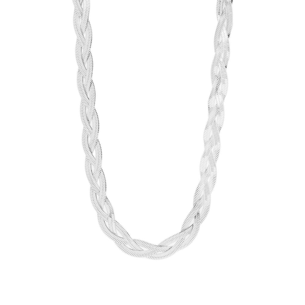 Silver interwoven herringbone necklace on a white background