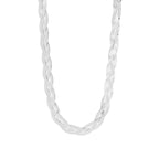 Silver interwoven herringbone necklace on a white background