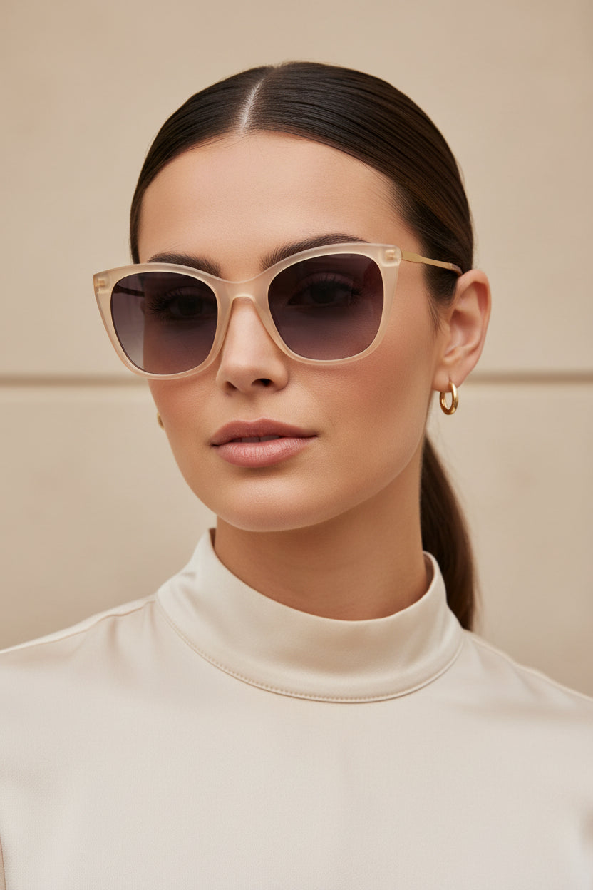 Woman wearing sunglasses with a beige frame and gold metal detailing against a beige background