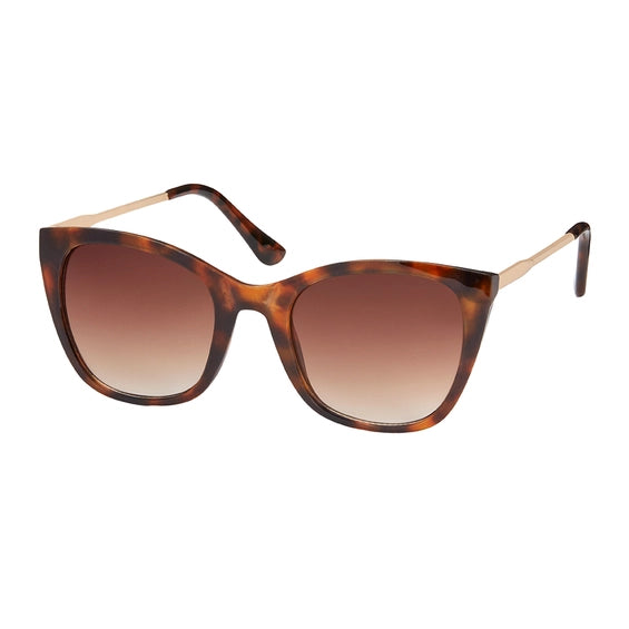 Sunglasses with brown tortoiseshell frame and gold metal detailing on a white background
