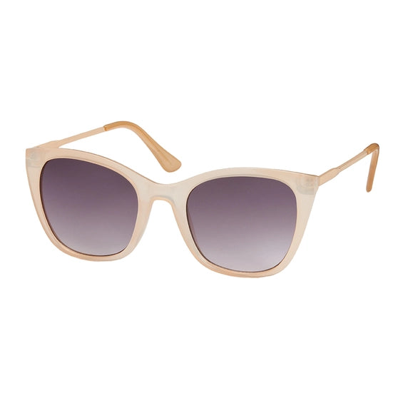 Beige sunglasses with gold metal detailing on a white background