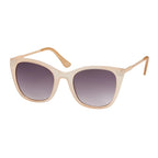 Beige sunglasses with gold metal detailing on a white background