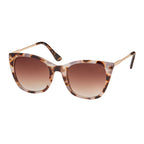 Sunglasses with light grey and brown frame with gold detailing on a white background