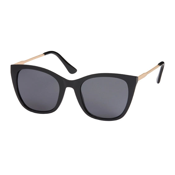 Black sunglasses with gold accents on a white background