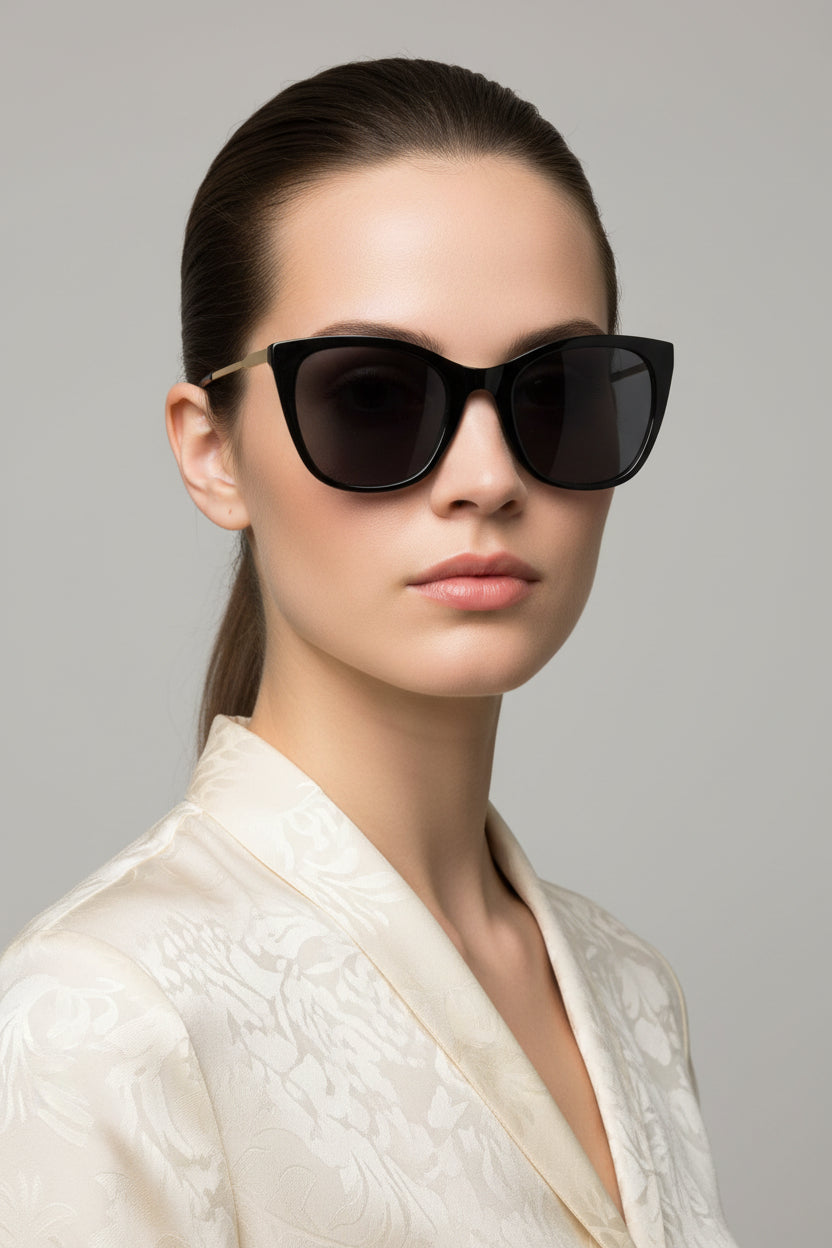 Woman wearing sunglasses with black frame with gold metal against grey background