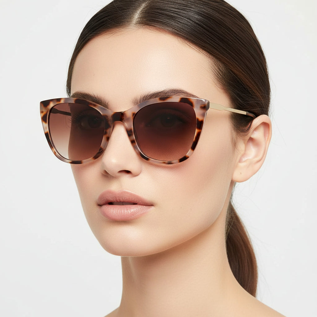 Woman wearing sunglasses with light grey and brown tortoiseshell frame  with gold metal detailing against a white background