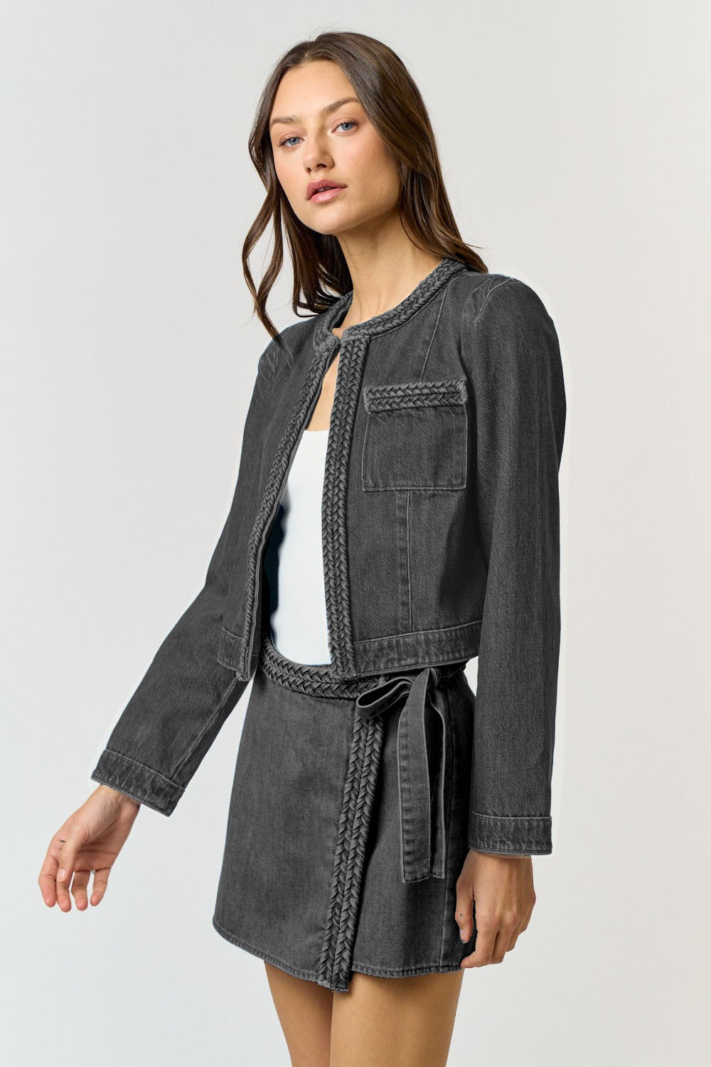 Braid Detail Open Front Denim Jacket-Charcoal