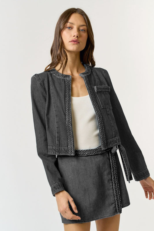 Braid Detail Open Front Denim Jacket-Charcoal