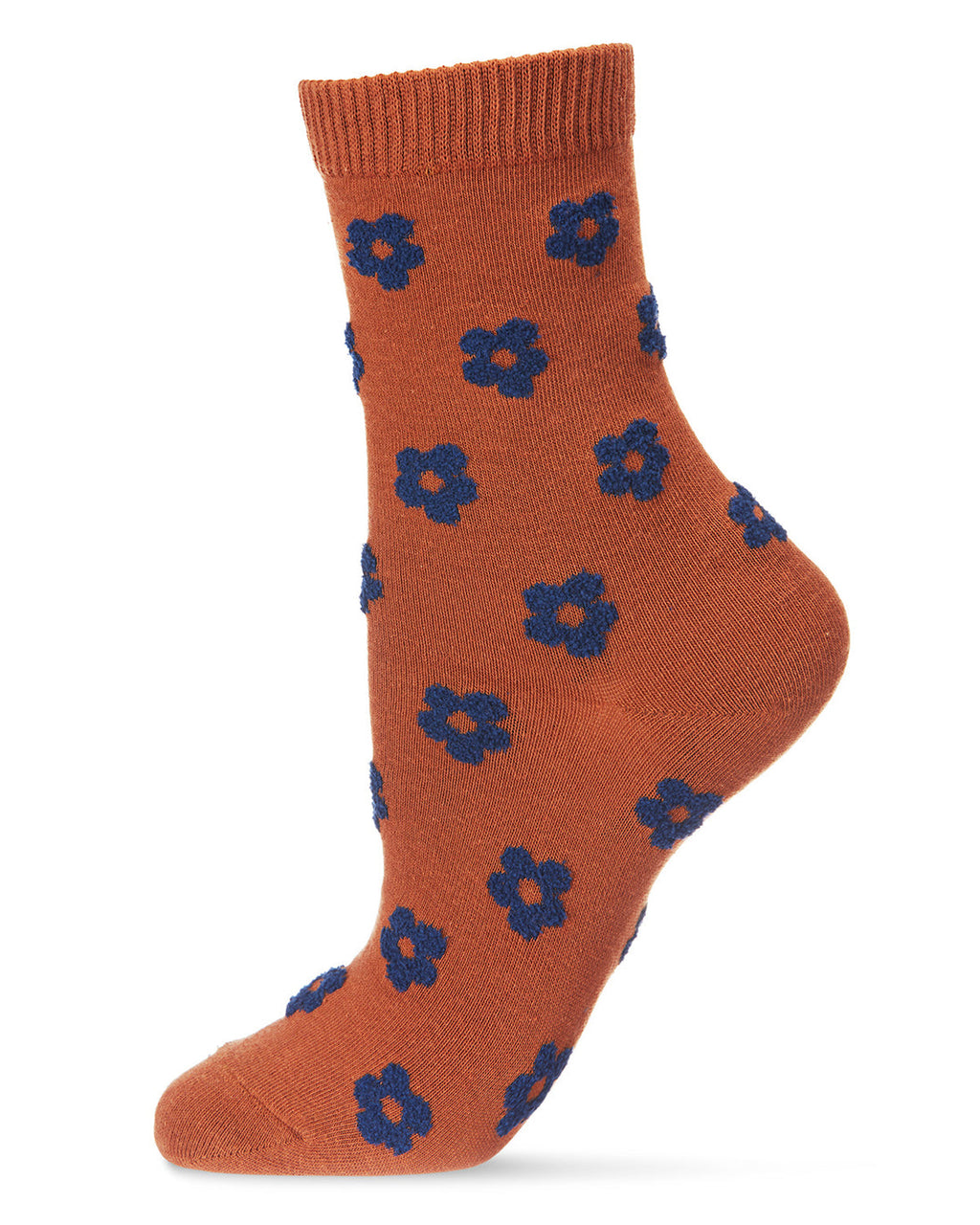 Flocked Floral Crew Sock-Rust Blue