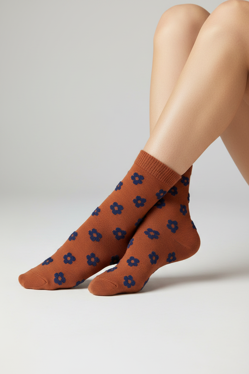 Flocked Floral Crew Sock-Rust Blue