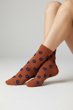 Flocked Floral Crew Sock-Rust Blue
