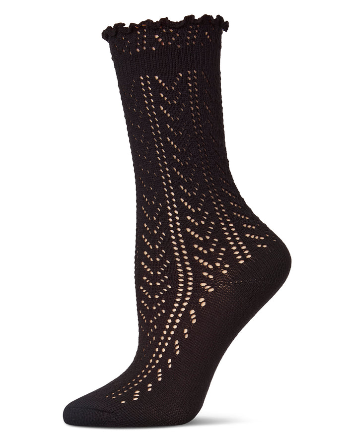 Ruffle Pointelle Crew Socks-Black