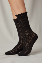 Ruffle Pointelle Crew Socks-Black