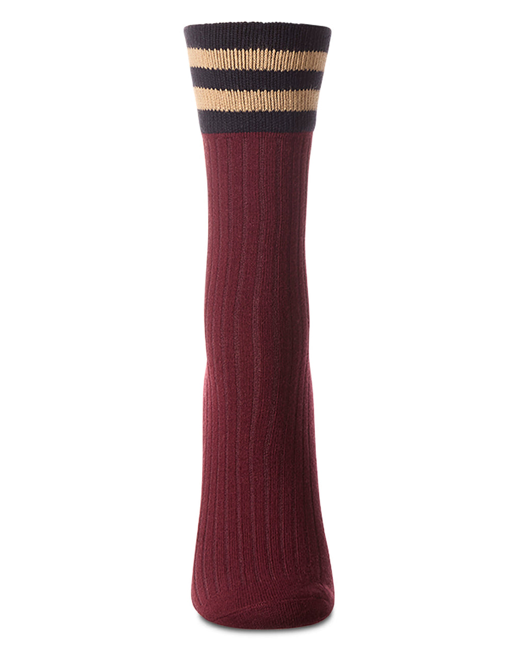 Striped Ribbed Cuff Crew Sock-Burgundy