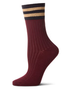 Striped Ribbed Cuff Crew Sock-Burgundy
