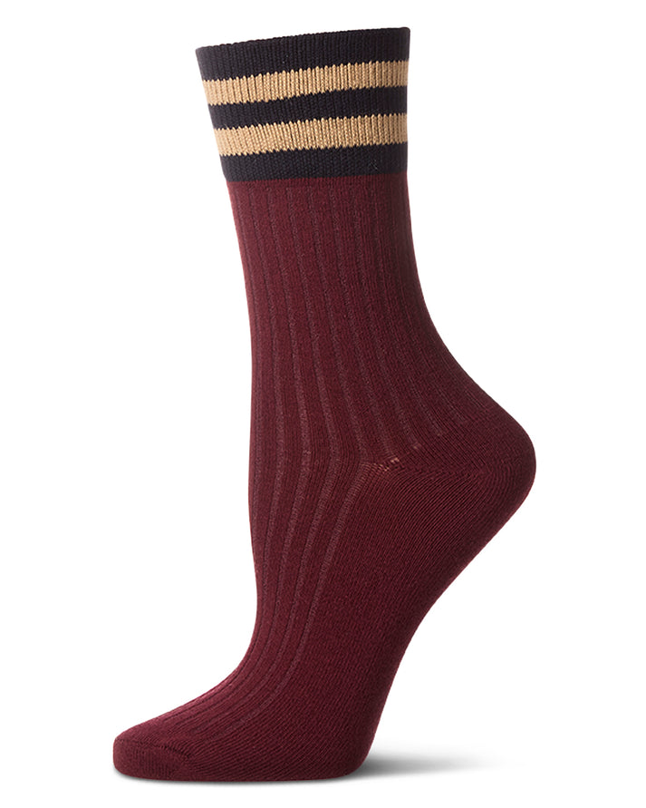 Striped Ribbed Cuff Crew Sock-Burgundy