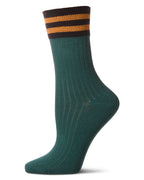 Striped Ribbed Cuff Crew Sock-Forest Green