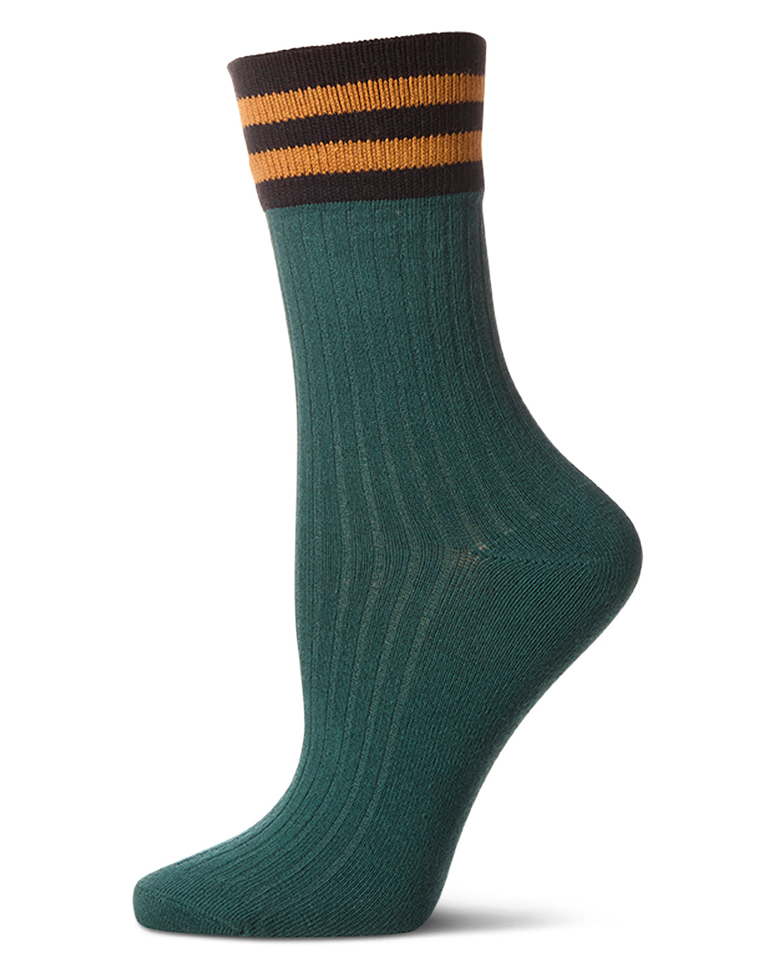 Striped Ribbed Cuff Crew Sock-Forest Green