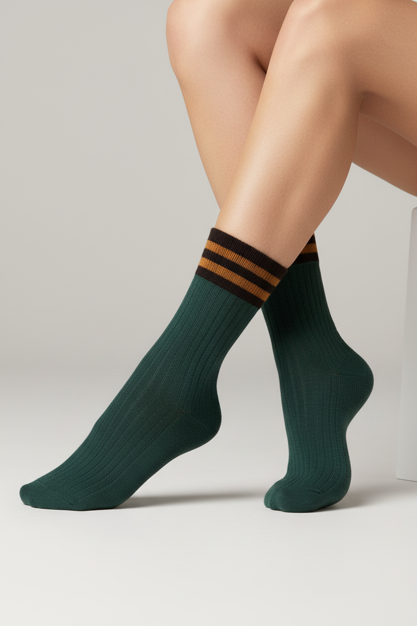 Striped Ribbed Cuff Crew Sock-Forest Green