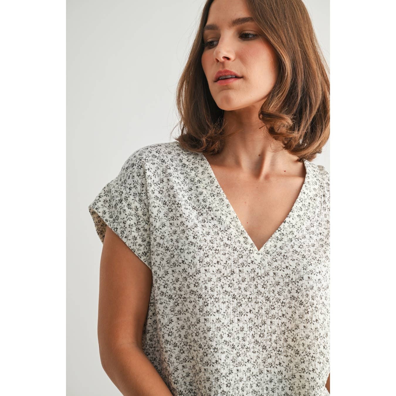Floral Print Gauze Top-Charcoal White
