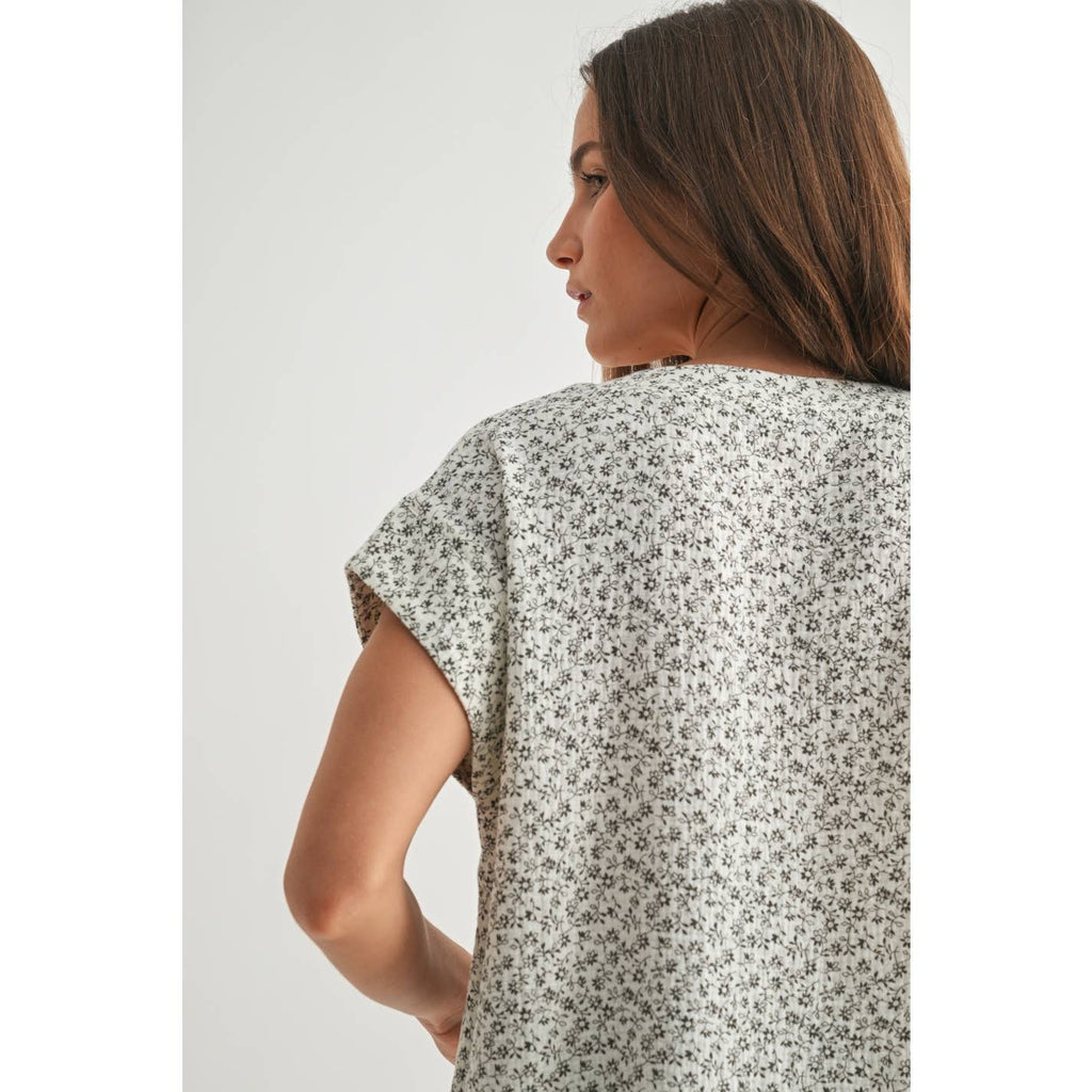 Floral Print Gauze Top-Charcoal White