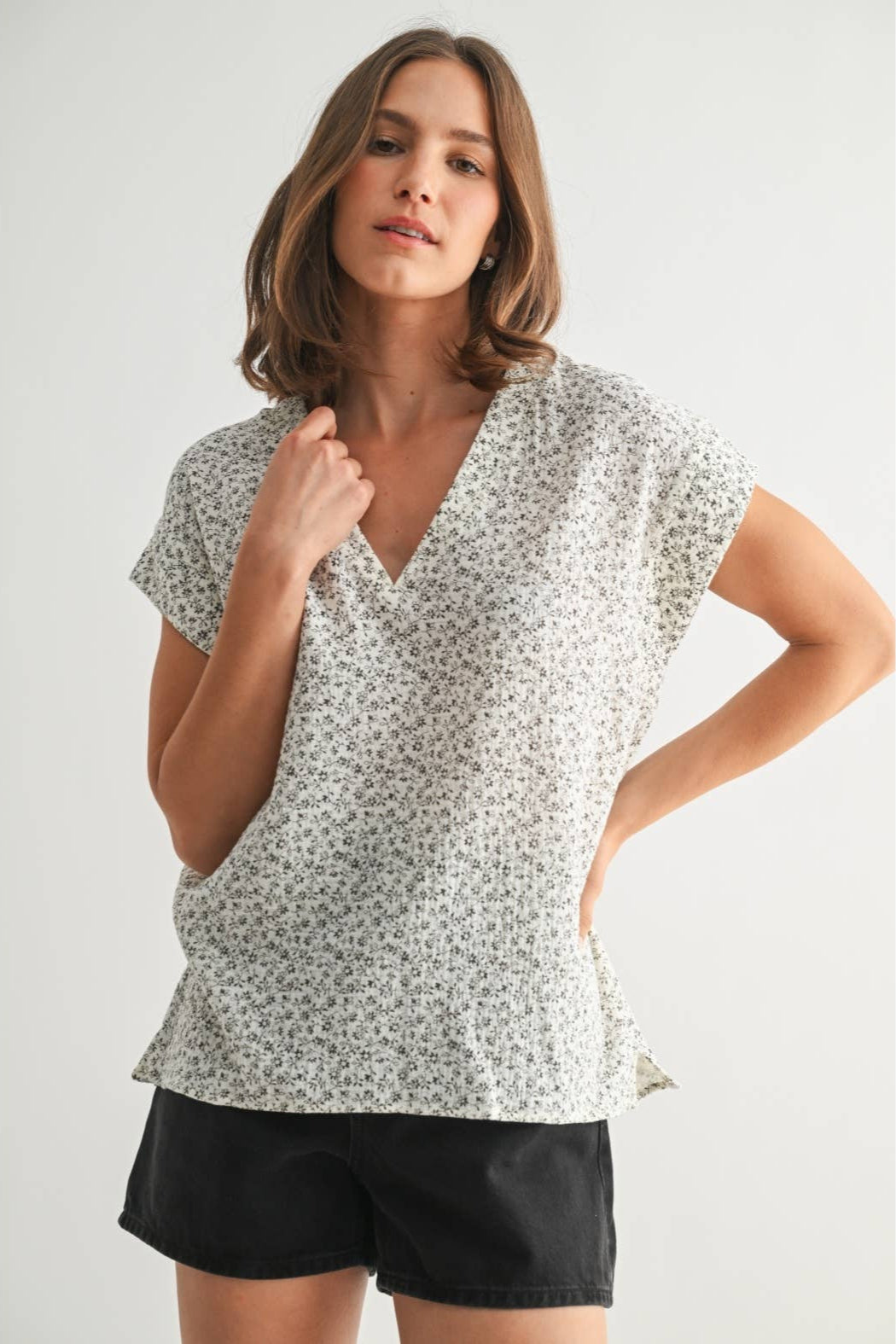 Floral Print Gauze Top-Charcoal White
