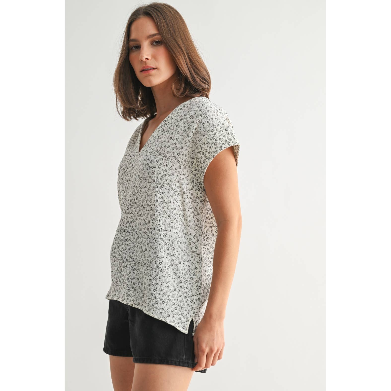 Floral Print Gauze Top-Charcoal White